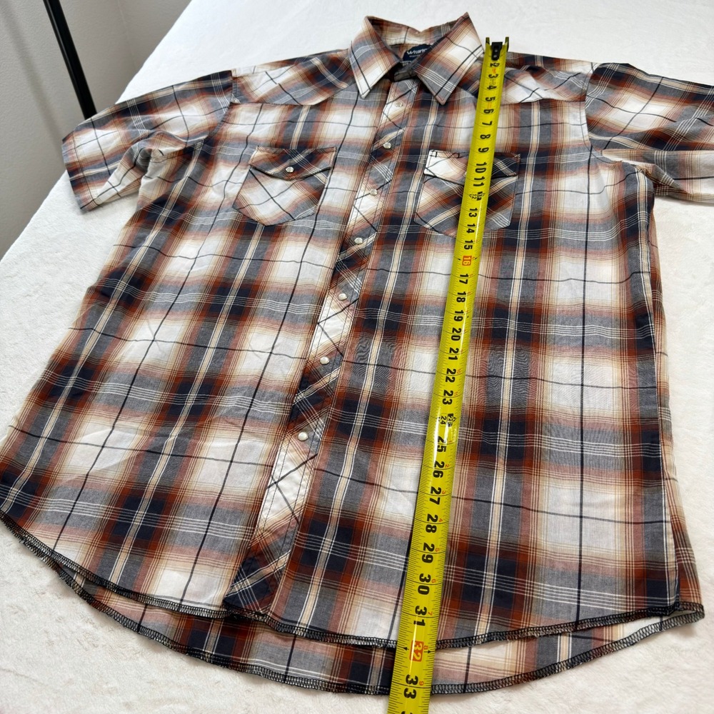 Wrangler Western Shirt Mens 17.5 XL Brown Plaid Good Pearl Snap Short Sleeve - Picture 8 of 9
